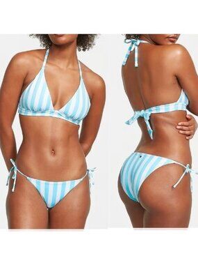 VICTORIA'S SECRET Swim MEDIUM Push Up Top Bikini Set Side Tie bottom Blue Stripe
